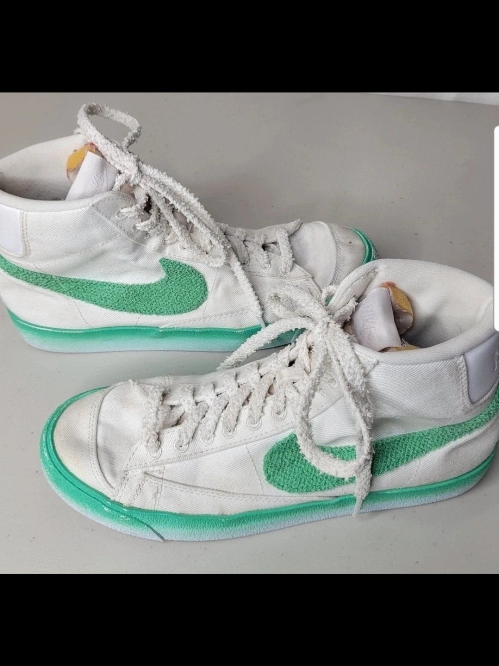 Nike Blazer Mid 77 Chenille High-Top Sneakers in White with Mint Green Swoosh